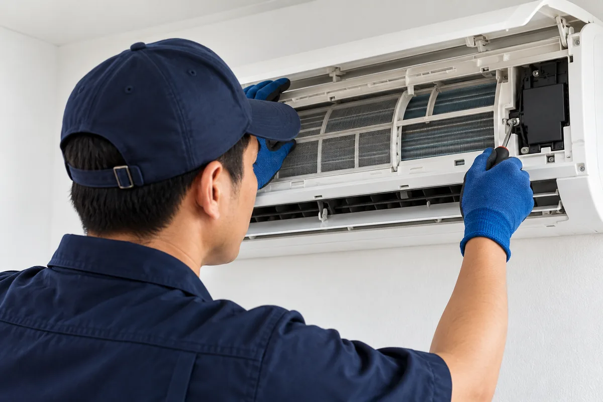 Technician inspecting an indoor aircond unit