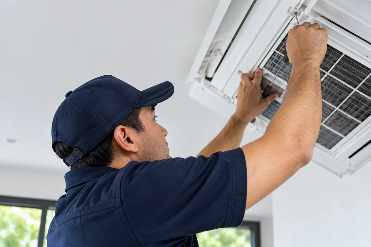 Technician servicing and testing a wall-mounted aircond