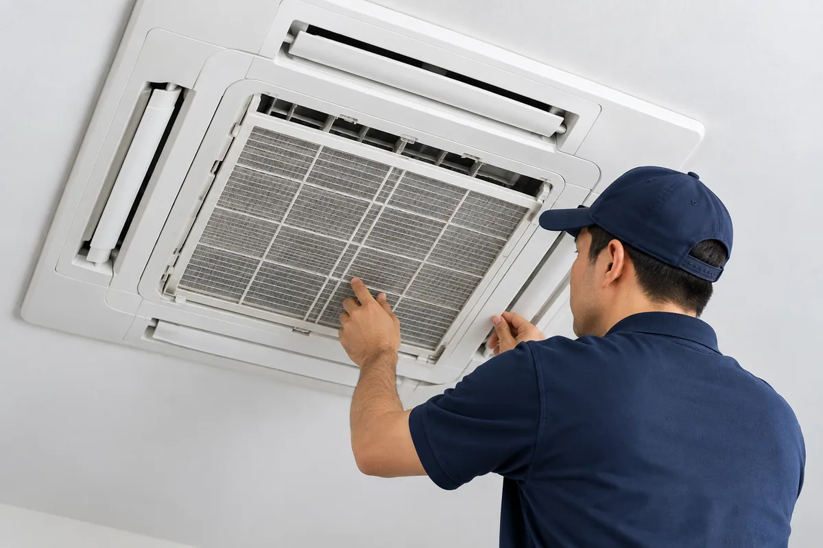 Technician servicing a ceiling cassette aircond
