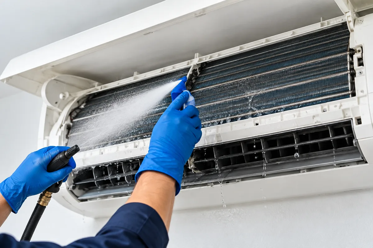 Indoor unit coil being deep cleaned with a water spray