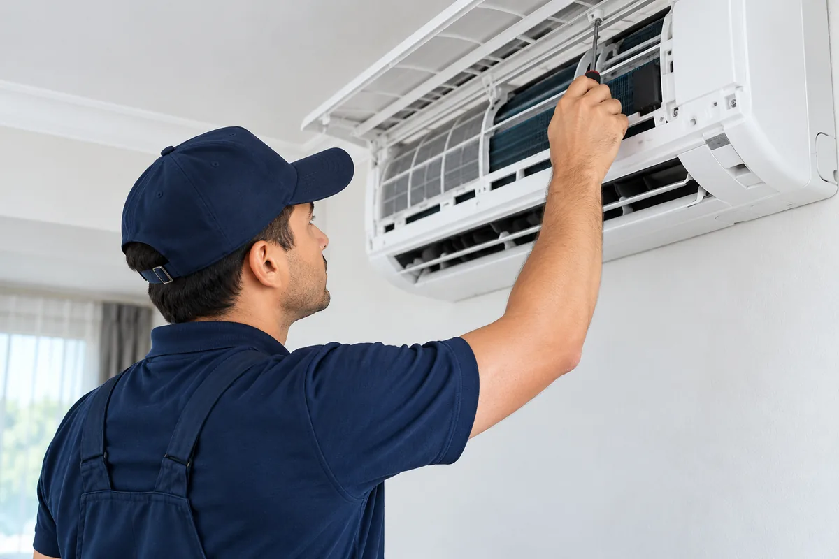 Technician servicing a split unit aircond